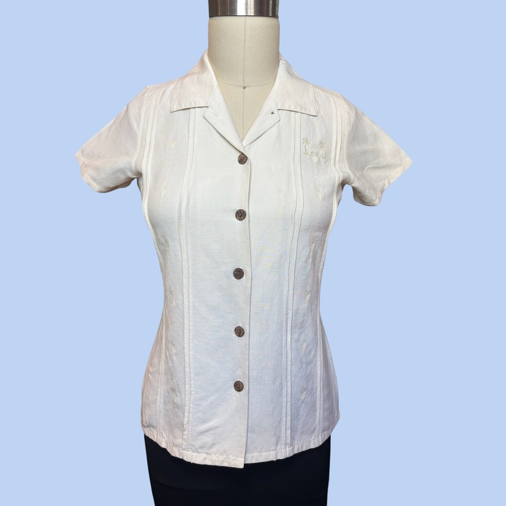 Tropical Tommy Bahama Guayabera Shirt Silk Linen Pintuck XS Cream Vintage